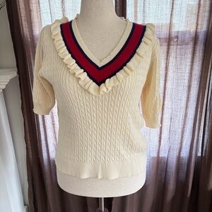Voy Cotton Academia Preppy Ruffled Short Sleeve V-neck Cable Knit Sweater